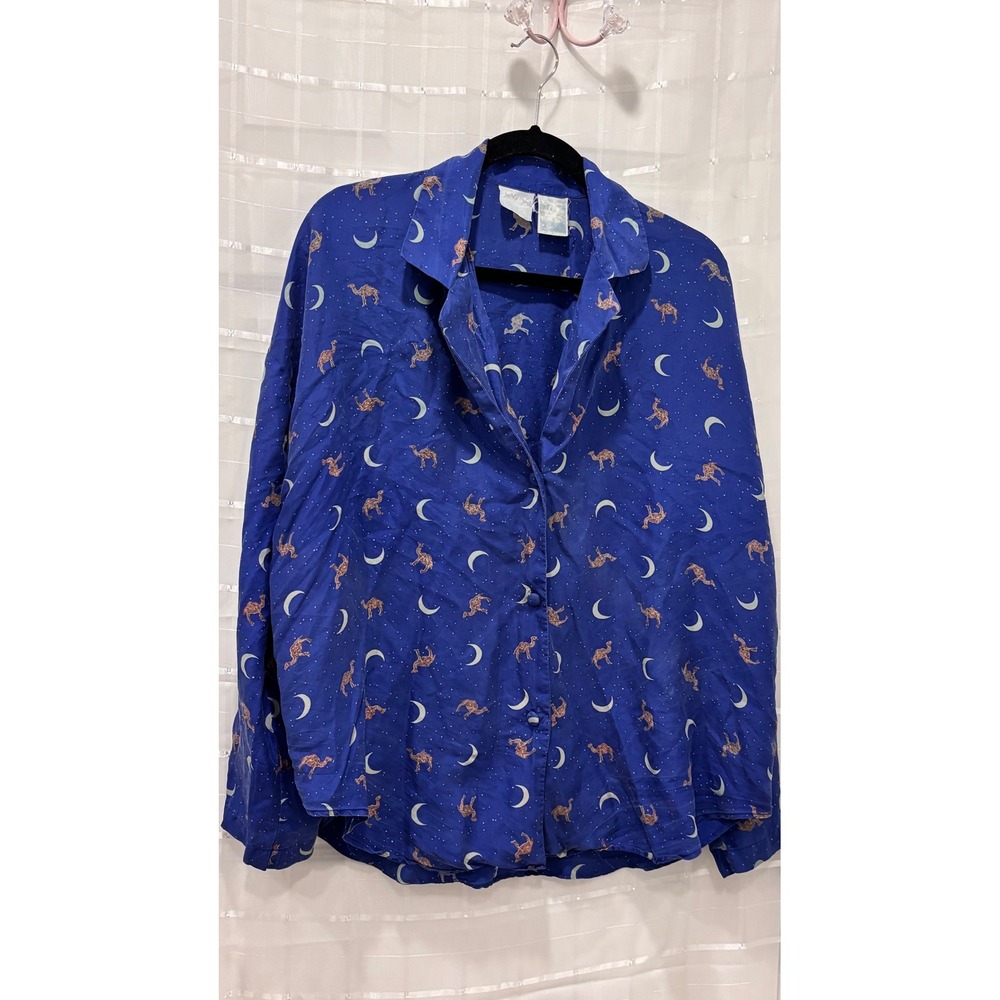 Vintage 1993 RJRTC Silk‎ Camel Moon Star Print Button Down Shirt Blue L Large